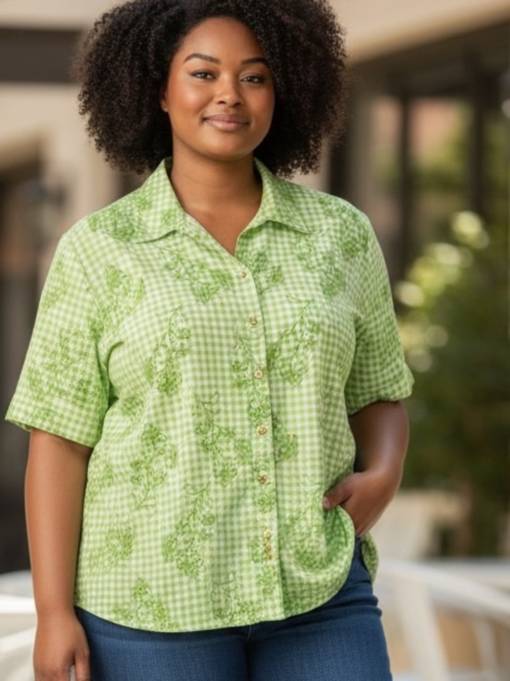 ALIA Lime Green Gingham Floral Print Short Sleeve Collared Shirt Size 16